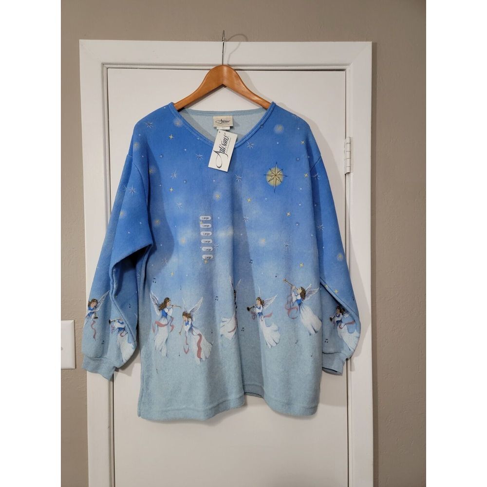 New Vintage Artisans Blue Christmas Angels v-neck Sweater sz Large,‎ Made USA